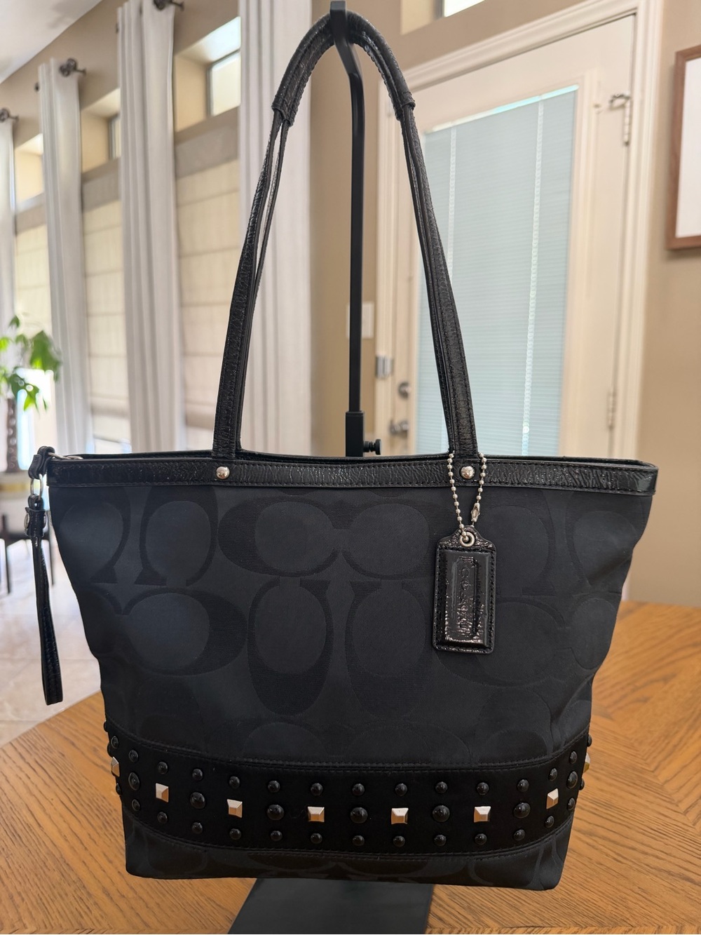 Coach Black Signature Sateen Studded Tote